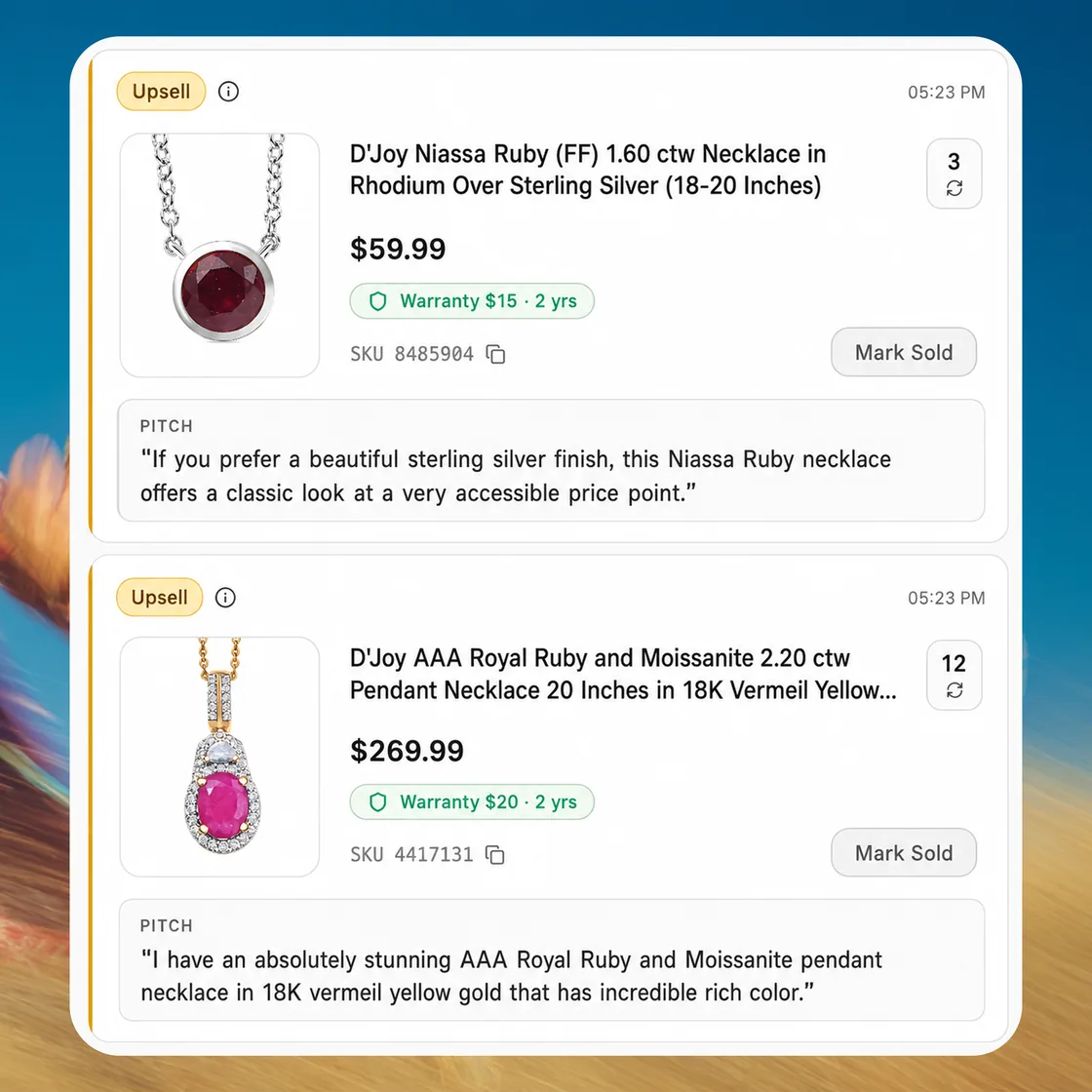 Live sales suggestion cards over a blurred outdoor background